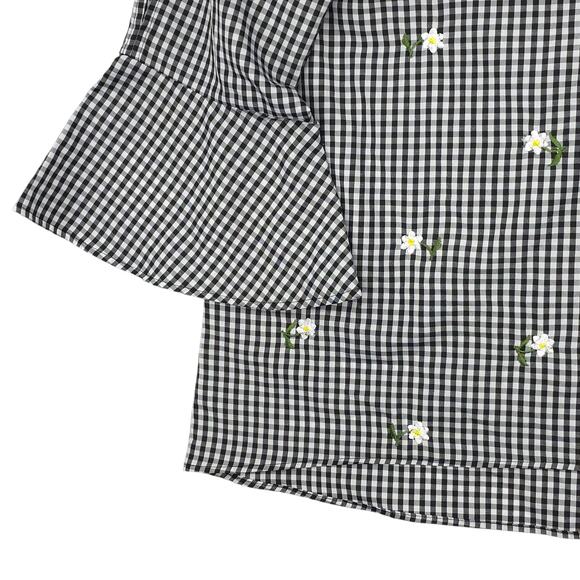 ALYX Blouse Womens XL White Black Split Bell Sleeve Checker Floral - Picture 4 of 12